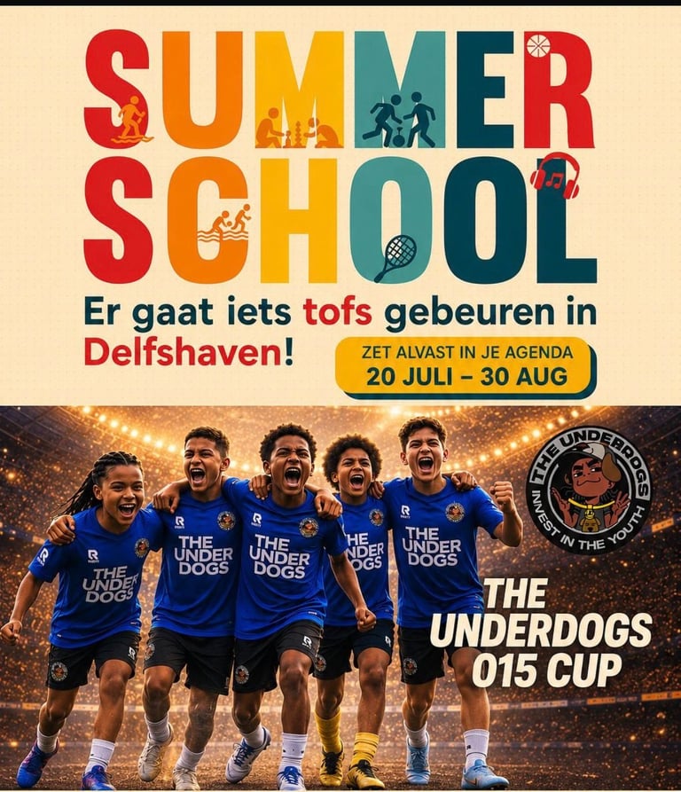 Summer School promotional poster for Delfshaven youth football program featuring young players in blue jerseys, running 20 July to 30 August.